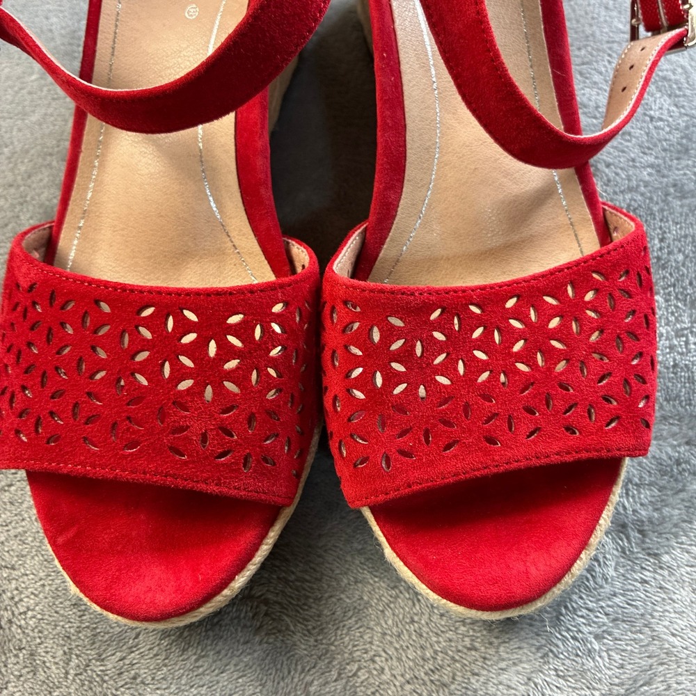 Vionic Ariel Red Suede Laser Cut Espadrille Wedge Sandals Womens 8M VS387 - Picture 10 of 16